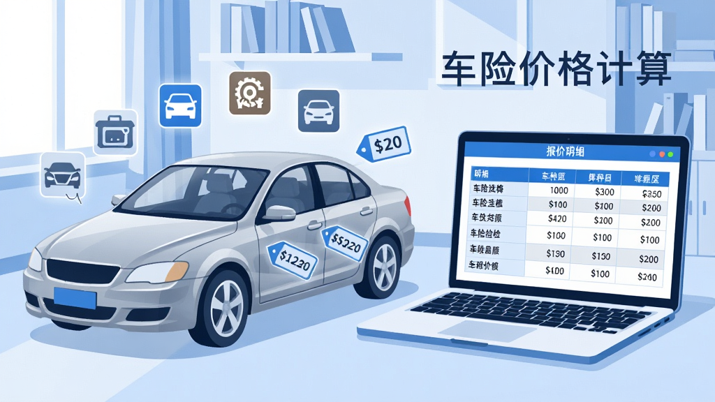 在一间明亮的书房里,一辆银色轿车停在画面左侧,车身半透明,内部浮现出各种险种的图标和价格标签。画面右侧是一台笔记本电脑,屏幕上展示着车险价格计算的报价明细表格,表格中有清晰的数字和险种名称。整体风格为现代扁平插画,色调以蓝色和白色为主,画面整洁,画质细腻,带有文字