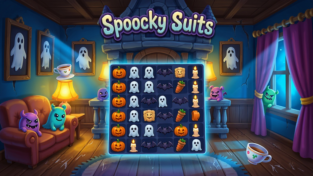 一幅以Spooky Suites:三消游戏为主题的宣传插画,画面中央是一座卡通风格的幽灵古堡套房,三消棋盘悬浮在古堡大厅中央,棋盘上排列着南瓜、幽灵、蝙蝠、蜡烛等消除元素,几只可爱的小鬼怪从沙发和窗帘后探出头来,暖黄色灯光与幽蓝色月光交织,布局采用中心对称构图,排版上游戏标题