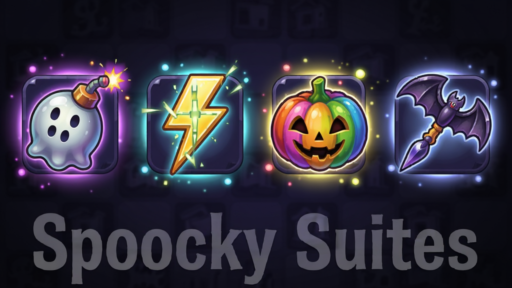 一幅Spooky Suites:三消游戏道具特效展示图,画面中心为四个特殊道具图标并排排列,分别是幽灵炸弹、十字闪电、彩虹南瓜和蝙蝠飞镖,每个道具周围有对应颜色的光晕和粒子特效,布局采用横向等距排列,排版上游戏名称