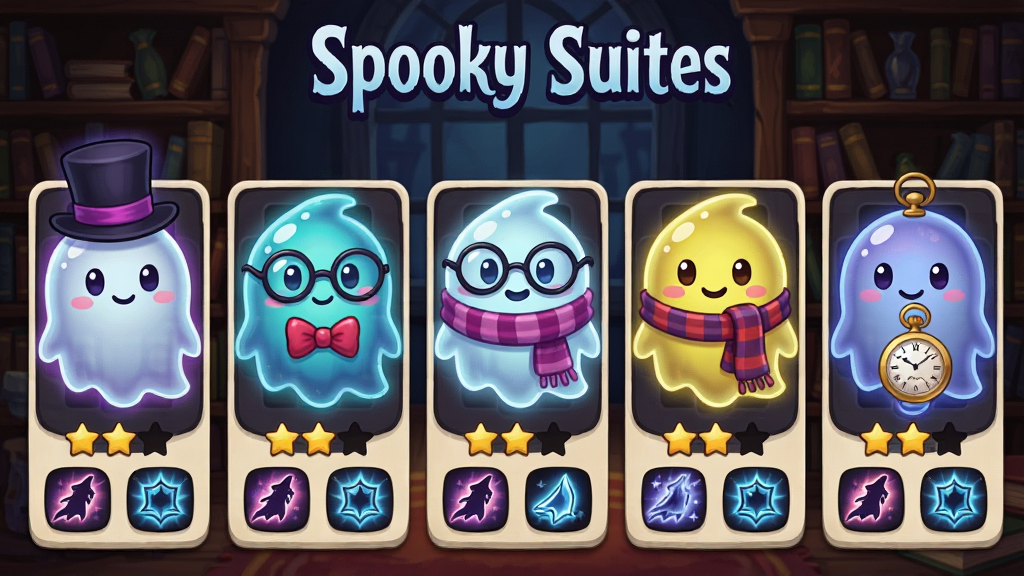 一幅Spooky Suites:三消游戏的幽灵角色收集界面图,画面展示五个可爱的幽灵角色并排站立,每个幽灵有不同的颜色和配饰,如礼帽、蝴蝶结、眼镜、围巾、怀表,角色下方有星级和技能图标,布局采用横向卡片式排列,排版上游戏名称
