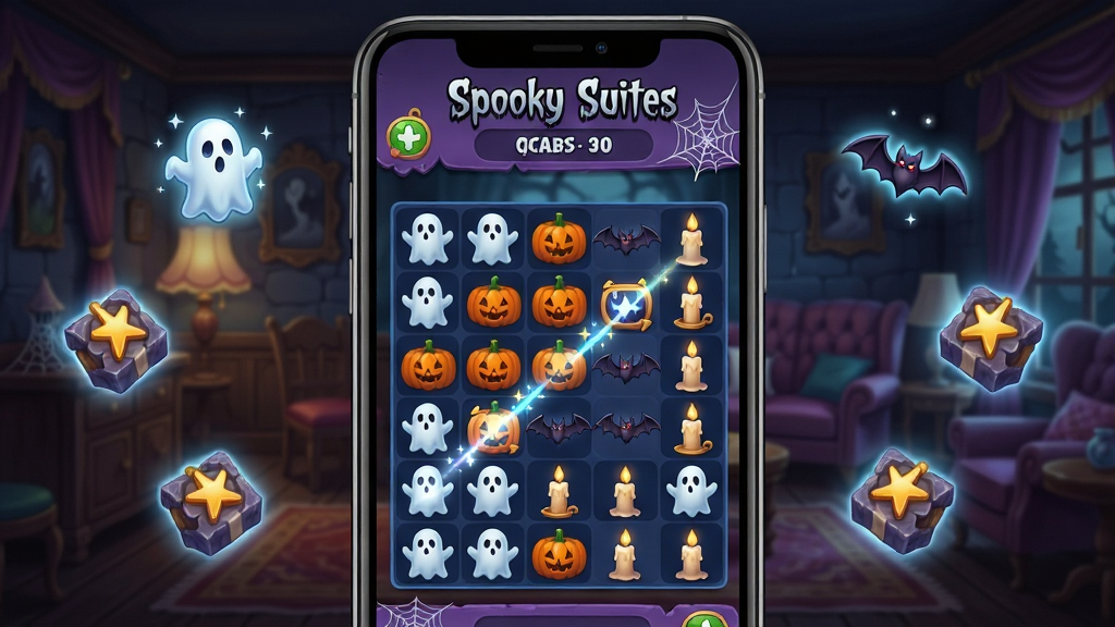一幅Spooky Suites:三消游戏的功能展示图,画面主体为手机屏幕内显示三消棋盘,棋盘上分布着幽灵、南瓜、蝙蝠、蜡烛四种消除图标,屏幕上方显示关卡目标和剩余步数,背景是幽灵古堡的套房客厅,布局采用手机正面展示加环绕式道具漂浮,排版上游戏名称
