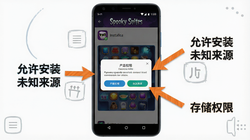 一幅Spooky Suites:三消游戏的新手操作指引图,画面展示一部安卓手机屏幕,屏幕上显示游戏安装界面和权限设置弹窗,旁边有箭头标注“允许安装未知来源”和“存储权限”两个关键操作,布局采用手机居中加左右标注说明,排版上游戏名称