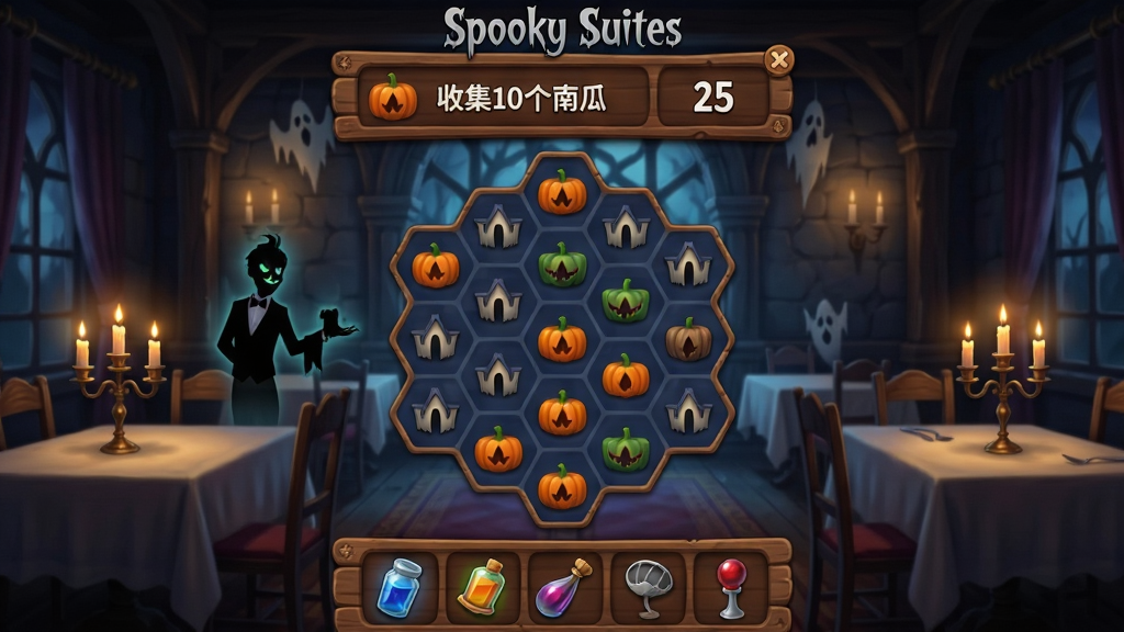 一幅Spooky Suites:三消游戏关卡界面截图风格图,画面显示一个完整的游戏关卡场景,上方是目标面板显示