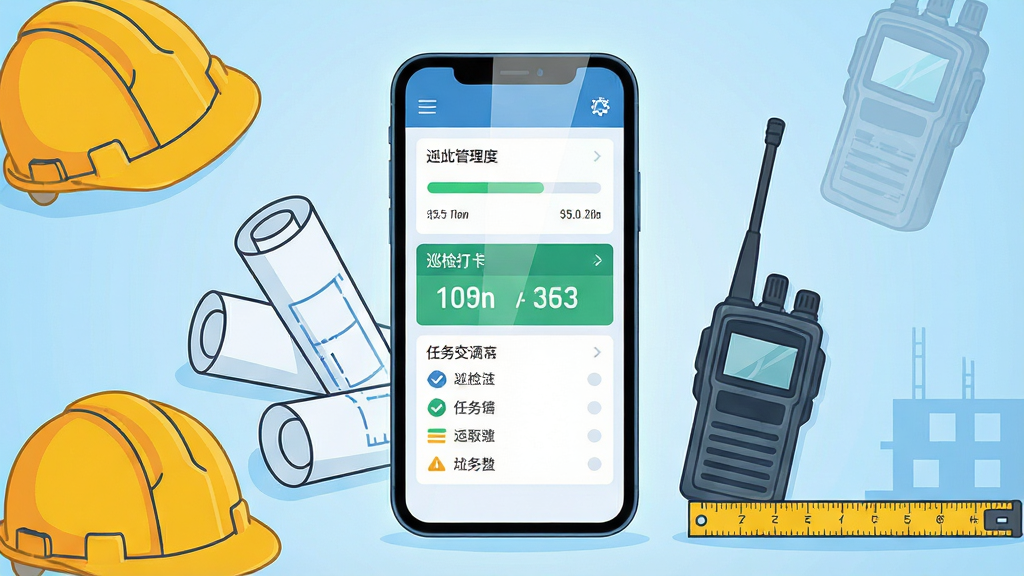 一张展示工程管理软件核心全貌的场景图,画面中央是一部智能手机,手机屏幕上显示工程管理应用的仪表盘界面,包含进度条、巡检打卡、任务列表等模块,手机周围环绕着安全帽、图纸卷、对讲机、测量尺等工程元素,布局采用居中构图,背景为浅蓝色渐变,风格为现代扁平化科技插画,细节上手机屏幕有微光反射,工程元素以线条勾勒方式呈现,画质清晰干净,无多余杂乱元素