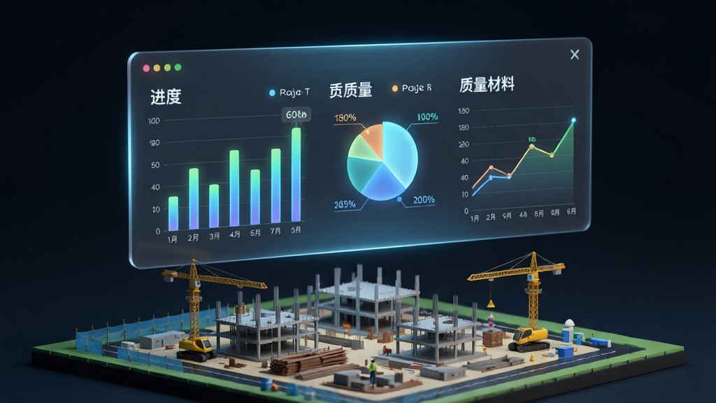 一张展示数据看板功能的AI生图,画面主体是一块悬浮在空中的半透明数据面板,面板上显示柱状图、饼图和折线图,分别代表进度、质量和材料数据,面板下方是工地全景微缩模型,布局采用上下结构,风格为未来科技感数据可视化插画,细节上图表有光晕效果、数字清晰可读,画质锐利干净,无多余元素