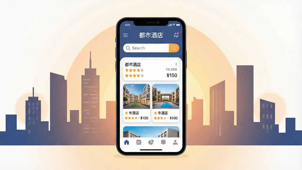 һ��չʾ�����ֻ�����ı�ƽ���廭���ֻ���Ļ������ʾ�����оƵꡱAPP��ҳ��ҳ����������򡢾Ƶ��б���Ƭ�͵ײ��������������Ǽ��ĳ��������������ůɫ�����Σ����ֲ��þ��жԳƹ�ͼ�����Ϊ�ִ��Ƽ��б�ƽ�廭��ϸ�ڰ���������Ӧ��ͼ�ꡢ�Ǽ����ֺͼ۸��ǩ�����ʸ��壬����ɾ����޶���Ԫ��