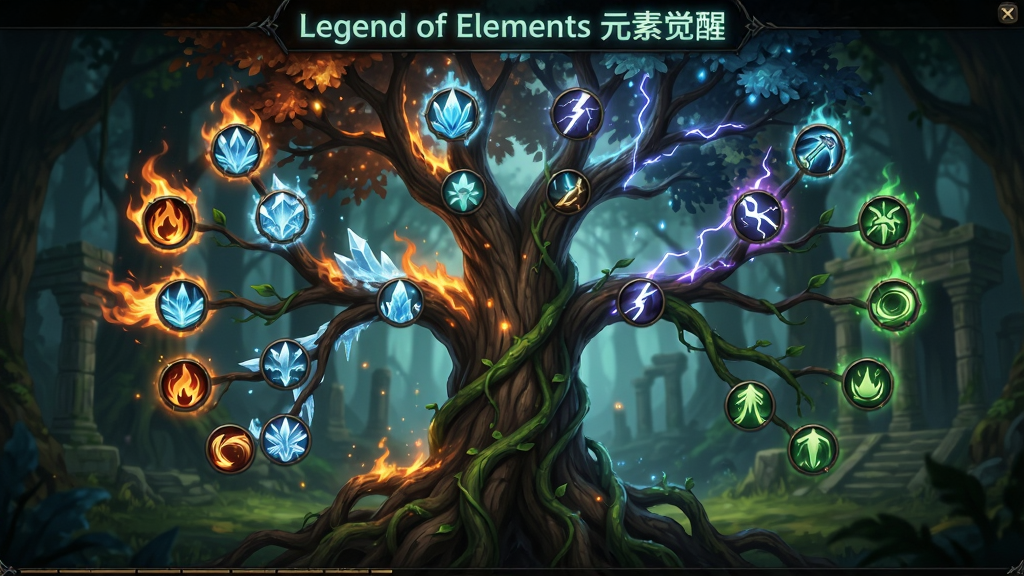 游戏界面截图风格,展示元素觉醒技能树界面,画面主体是一棵由火焰、冰霜、雷电、藤蔓交织而成的巨大元素之树,树枝上分布着发光的技能图标,布局为全屏UI叠加在奇幻森林背景上,风格为暗色系游戏界面设计,细节包括图标边缘的微光、树枝的粒子特效、背景中隐约可见的古代遗迹,画质高清干净,无多余元素,界面顶部用发光字体标注“Legend of Elements 元素觉醒”