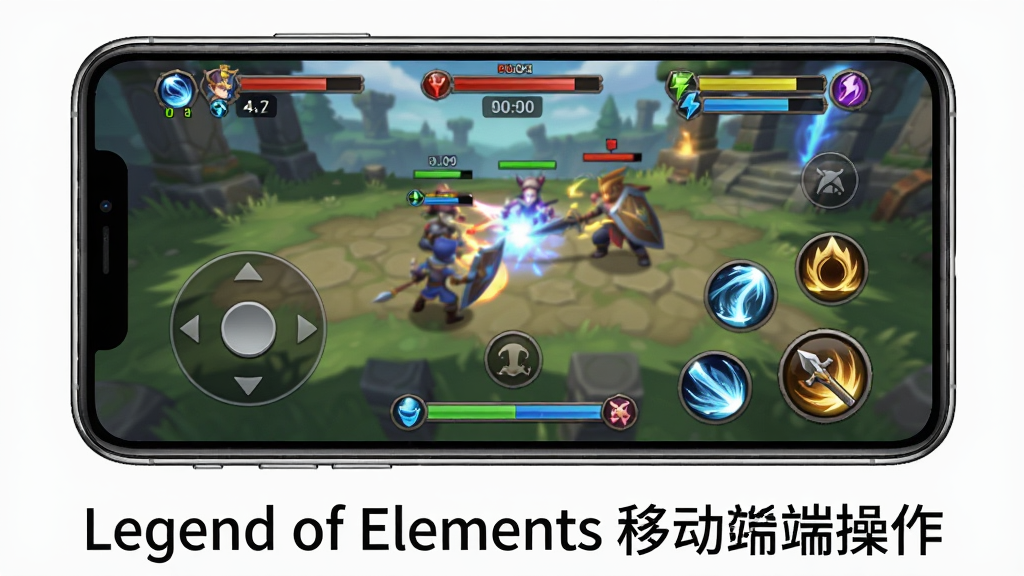 手机游戏操作界面示意图,画面展示一部智能手机横屏运行Legend of Elements,屏幕上显示虚拟摇杆和技能按钮,背景是游戏内的战斗场景,布局为手机居中展示,风格为简洁产品说明图,细节包括手机边框的高光、屏幕内技能冷却倒计时、角色血条与元素能量条,画质高清干净,无多余元素,画面下方用无衬线字体标注“Legend of Elements 移动端操作”