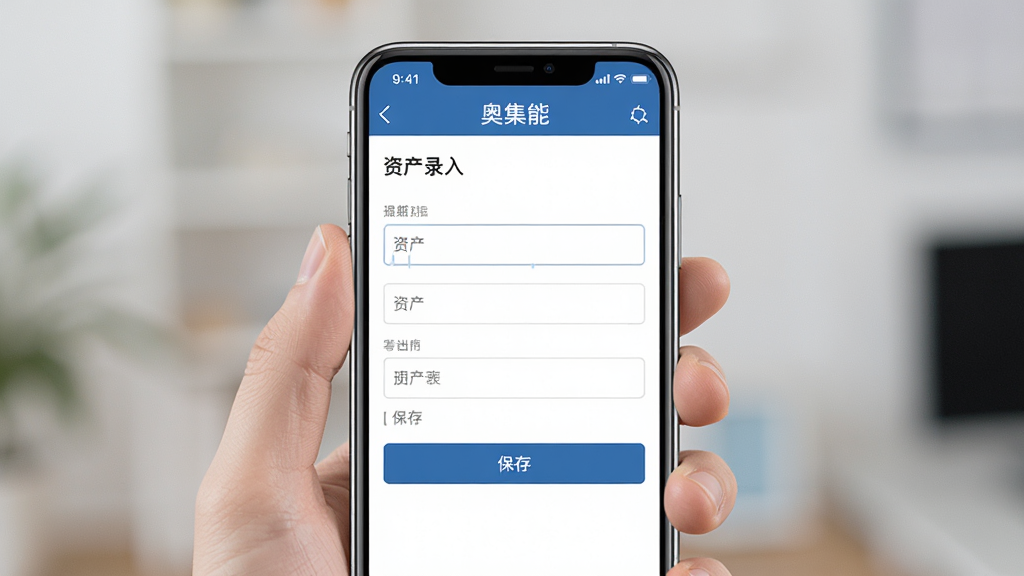 一张展示奥集能手机端操作界面的示意图,主体为手持手机显示资产录入表单页面,布局竖屏居中,排版清晰,风格简洁实用,细节包含输入框、保存按钮、奥集能顶部导航栏,画质高清,干净,无多余元素