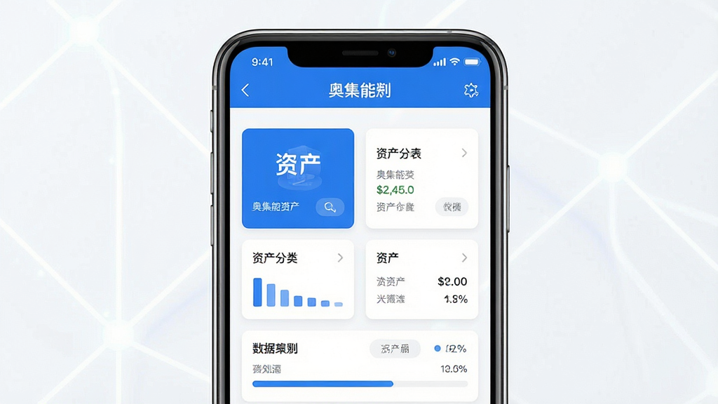 一张展示奥集能软件主界面的预览图,主体为手机屏幕中显示奥集能资产列表页面,布局居中,排版整洁,风格科技简约,细节包含蓝色主题色图标、资产分类卡片、数据统计条,画质高清,干净,无多余元素