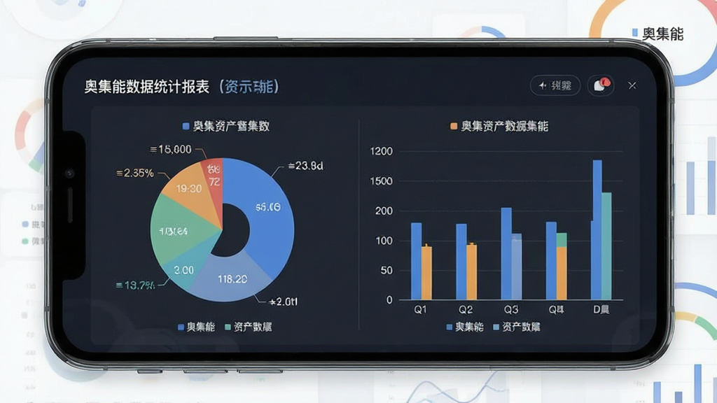 一张展示奥集能数据统计报表功能的示意图,主体为手机屏幕中显示饼状图与柱状图组合的资产数据面板,布局上下结构,排版规整,风格商务简约,细节包含数据标签、图例说明、奥集能文字,画质高清,干净,无多余元素