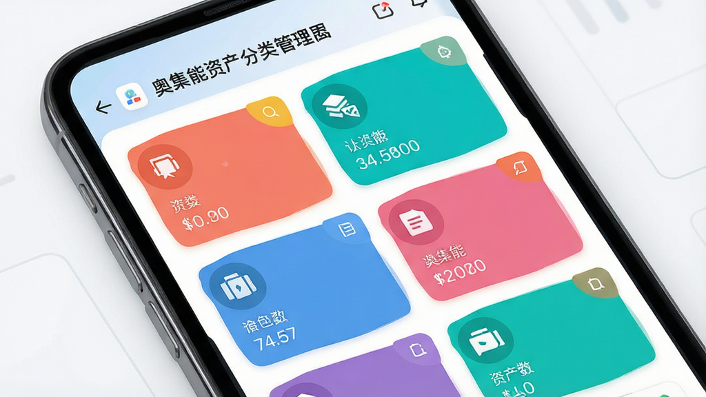 一张展示奥集能资产分类管理界面的预览图,主体为手机屏幕中显示不同颜色标签的资产分类卡片,布局网格排列,排版整齐,风格清爽现代,细节包含分类图标、资产数量角标、奥集能界面元素,画质高清,干净,无多余元素
