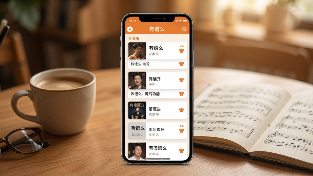 一张展示有谱么收藏与离线功能的图片,画面中央是手机屏幕,屏幕内显示有谱么的收藏夹页面,多首曲谱以卡片形式排列,每张卡片上有歌曲名与收藏图标,背景是温馨的室内环境,桌上有一杯咖啡和一本乐谱本,风格温暖舒适,画质清晰,干净无多余元素,屏幕中文字显示为有谱么