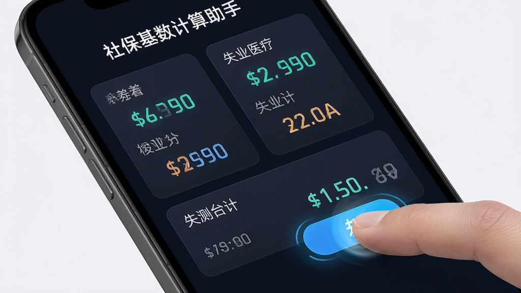 一张社保基数计算助手功能展示图,画面主体是手机屏幕特写,屏幕上显示一键测算结果页面,包含养老、医疗、失业等险种的分项金额和合计金额,布局采用卡片式排列,风格为科技感深色主题搭配亮色数字高亮,细节上有手指点击按钮的动效感,画质清晰,画面干净,无多余元素,图中文字显示社保基数计算助手
