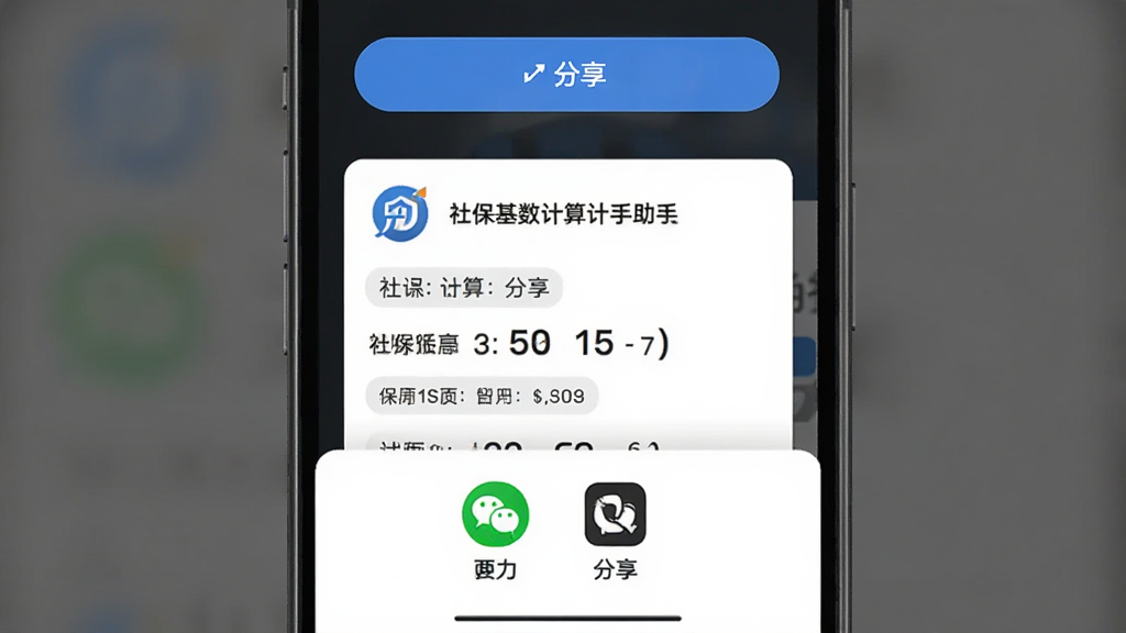 一张社保基数计算助手的结果分享界面图,画面为手机屏幕显示分享按钮和生成的测算结果卡片,卡片上有社保基数计算助手的logo和关键数字,布局为底部弹出分享面板,风格为现代扁平化,细节上有微信、QQ等分享图标,画质清晰,画面干净,无多余元素