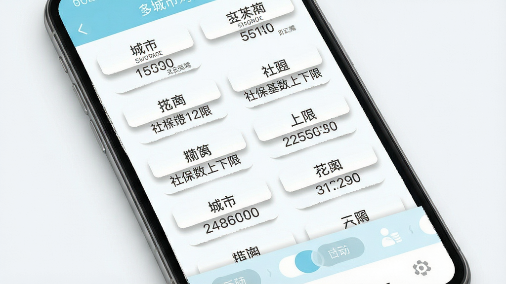 一张社保基数计算助手的多城市对照功能界面图,画面展示手机屏幕中排列着多个城市名称标签,每个标签下方显示对应的社保基数上下限数字,布局为纵向列表加横向切换栏,风格为清新浅色系,细节上城市标签有微弱的阴影效果,画质高清,画面干净,无多余元素