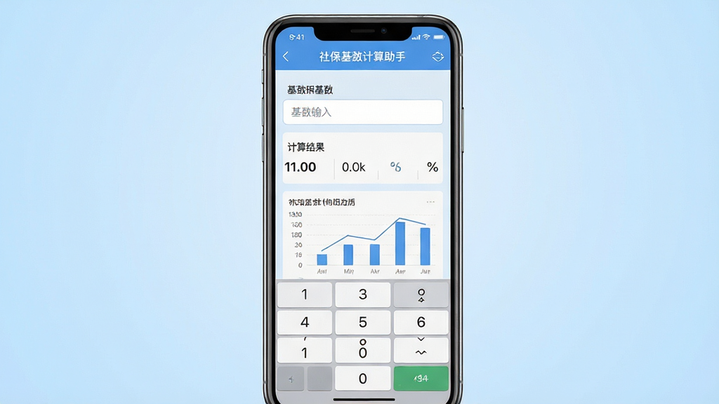 一张展示社保基数计算助手软件界面的手机应用截图,画面中央是一部智能手机,屏幕上显示着社保基数计算助手的首页,包含基数输入框、计算结果展示区和图表模块,背景是干净的浅蓝色渐变,布局简洁明了,排版居中对齐,风格为现代扁平化UI设计,细节上体现数字键盘和百分比图标,画质高清,画面干净,无多余元素