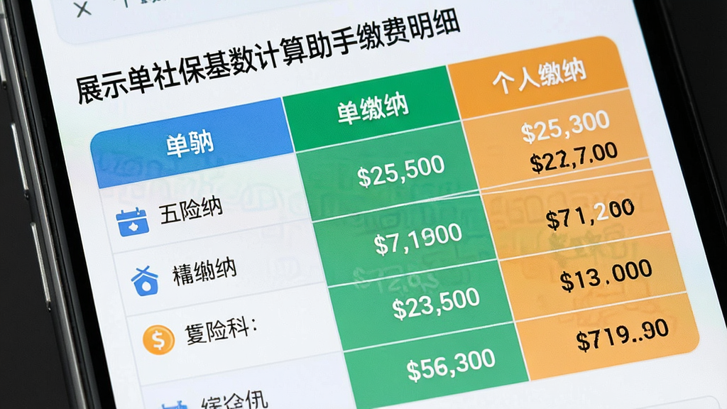 一张社保基数计算助手的缴费明细展示图,画面为手机屏幕特写,屏幕上以表格形式展示五险的分项金额,单位缴纳列与个人缴纳列用不同颜色区分,布局工整对齐,风格为商务简约风,细节上有小图标标注各险种,画质清晰,画面干净,无多余元素