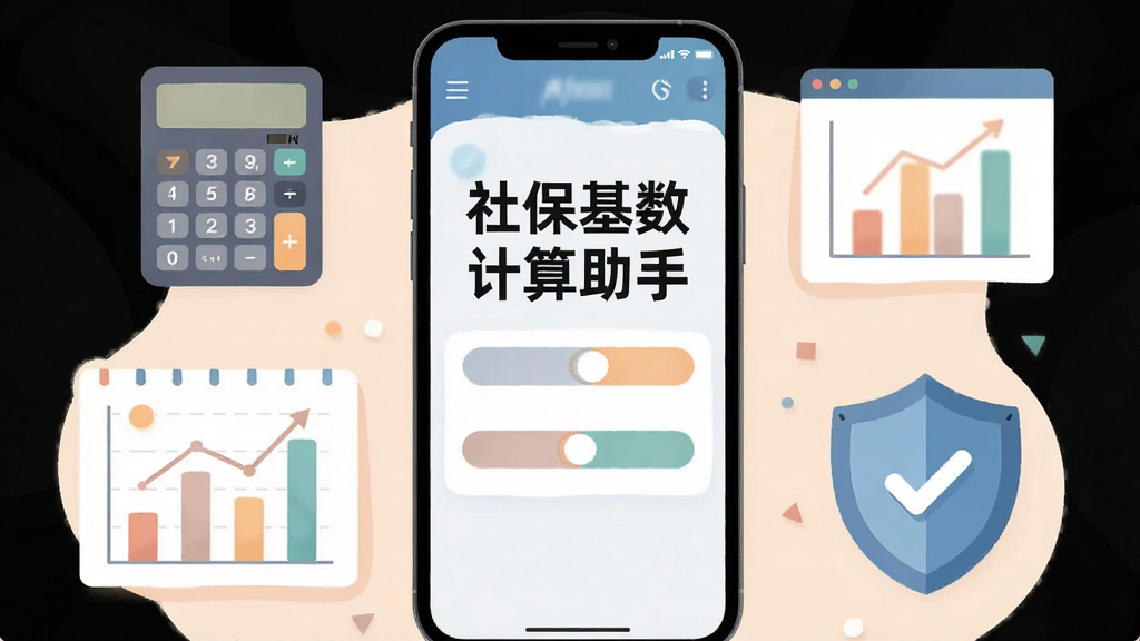 一张社保基数计算助手软件功能总结图,画面为一台智能手机展示软件主界面,周围环绕着计算器、图表、盾牌安全图标等元素,布局为手机居中、元素环绕,风格为扁平化插画风,细节上色彩柔和,画质高清,画面干净,无多余元素,图中文字显示社保基数计算助手