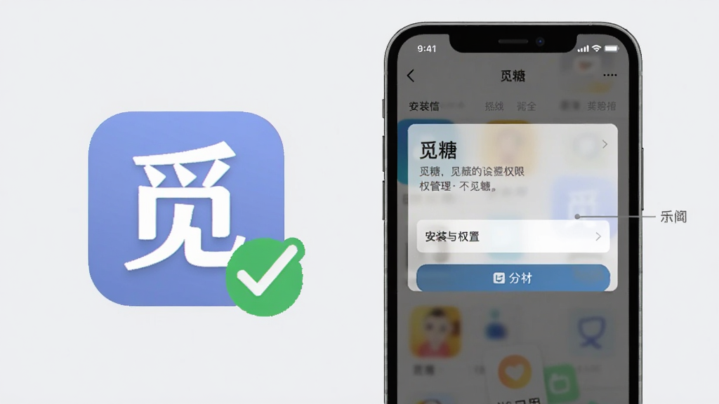 觅糖应用在手机上的安装与权限设置示意图,画面展示手机屏幕显示权限管理界面,旁边有“觅糖”图标和勾选标记,背景为浅灰色调,风格简洁说明性,细节清晰,画质干净,无多余元素