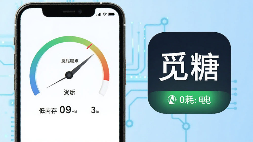 觅糖软件运行流畅度展示,画面为手机性能仪表盘与觅糖应用图标并排,仪表盘显示低内存占用和低耗电标识,背景为科技感浅蓝色调,突出“觅糖”应用图标,整体风格简洁现代,画质清晰,无多余元素