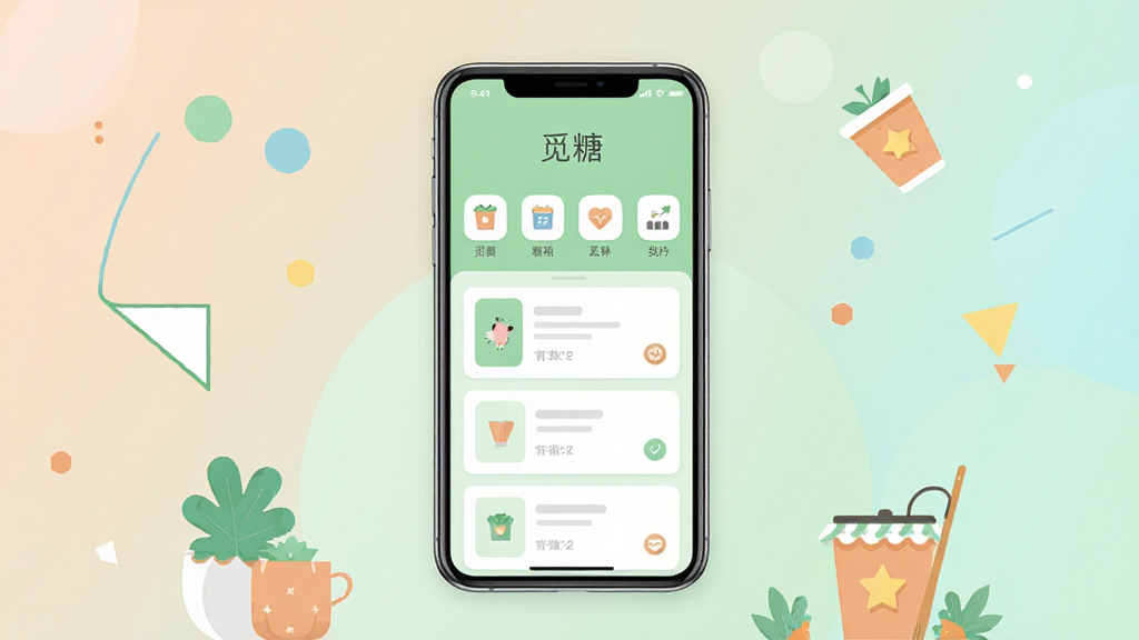 觅糖软件主界面展示,画面中央是一部智能手机,屏幕显示清新的浅绿色应用界面,界面顶部有“觅糖”文字标识,下方排列着功能图标与卡片式列表,背景为柔和渐变色调,周围点缀简约的几何图形与生活小物件插画,整体风格干净明亮,扁平化设计,画质清晰,无多余元素