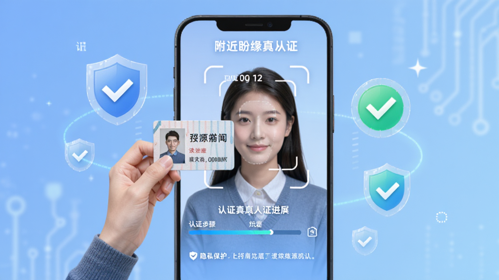 附近盼缘应用内真人认证页面,画面展示手持身份证件进行人脸识别的示意图,周围环绕盾牌与勾选图标,背景为柔和的蓝色渐变,风格科技安全,布局居中,细节包括认证步骤进度条与隐私保护文字,画质清晰,干净无多余元素