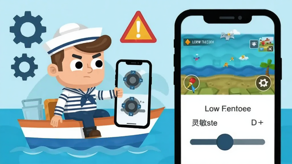 主体是一名卡通水手坐在小船上,面前漂浮着手机屏幕和虚拟摇杆图标,周围有设置齿轮和警告标志;布局为水手位于画面左侧,右侧是放大的手机界面和调低灵敏度的滑块;排版采用横向宽幅构图;风格为扁平化卡通插画;细节包括水手表情专注、手机屏幕显示游戏画面、背景有淡淡的海洋纹理;画质为高清教程配图,干净整洁,无多余元素。