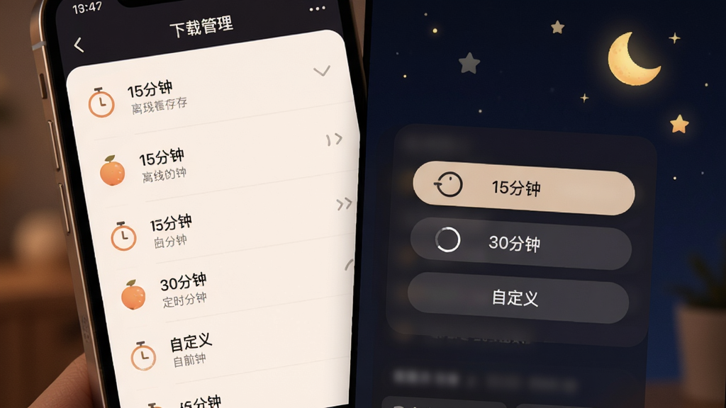 番果小说免费听 离线缓存与定时功能界面,画面展示手机屏幕特写,屏幕内显示下载管理列表与定时设置弹窗,弹窗上有“15分钟”“30分钟”“自定义”选项,背景为深色夜间模式,点缀月亮与星星图标,风格温馨舒适,画质细腻,无杂乱元素
