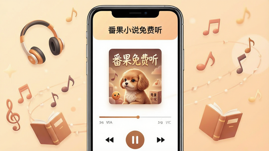 番果小说免费听 应用主界面展示,画面中央为手机屏幕,屏幕内呈现有声小说播放器界面,顶部显示“番果小说免费听”文字,中部为书籍封面与播放进度条,底部为播放控制按钮,背景为柔和暖色调,周围环绕漂浮的耳机、音符、书本等元素,风格简约现代,细节清晰,画质干净,无多余元素