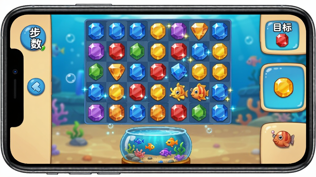 手机屏幕中展示梦幻水族箱游戏的三消关卡界面,主体为彩色宝石棋盘和底部鱼缸预览,布局上下分层,排版左侧显示步数右侧显示目标,风格为休闲卡通风格,细节包含蓝色宝石、红色宝石、黄色宝石和发光特效,画质清晰,干净,无多余元素