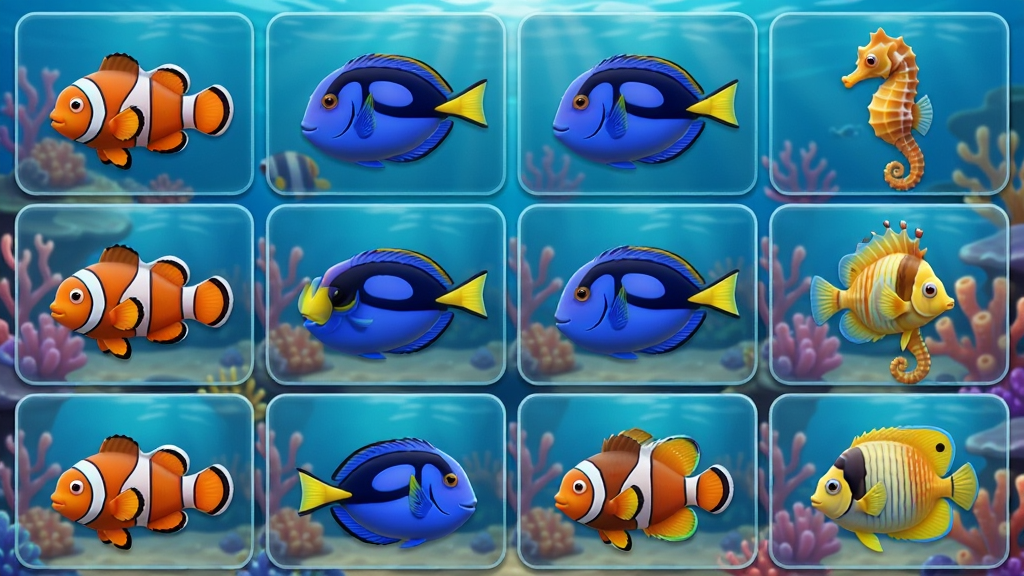 梦幻水族箱游戏内的鱼类图鉴界面,主体为多种彩色热带鱼展示,布局为网格排列,排版整齐清晰,风格为卡通写实混合,细节包含小丑鱼、蓝吊鱼、海马和珊瑚背景,画质高清,干净,无多余元素