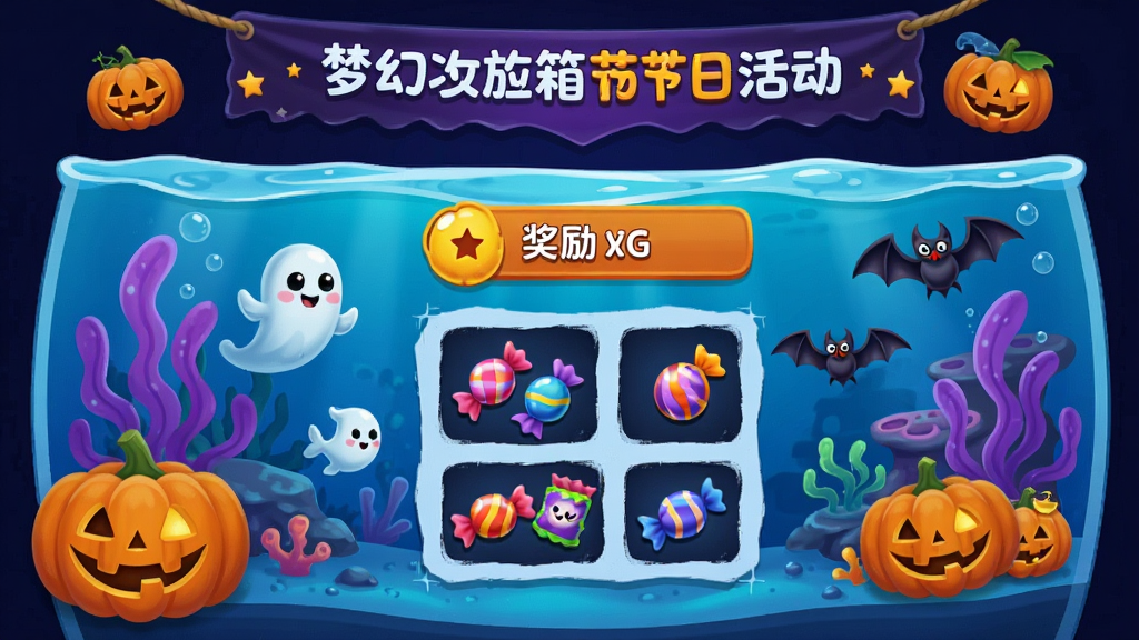 梦幻水族箱节日活动界面,主体为万圣节主题水族箱,布局为活动横幅加奖励预览,排版突出南瓜灯和幽灵鱼装饰,风格为节日卡通风格,细节包含橙色南瓜、紫色水草、蝙蝠鱼和糖果奖励,画质高清,干净,无多余元素