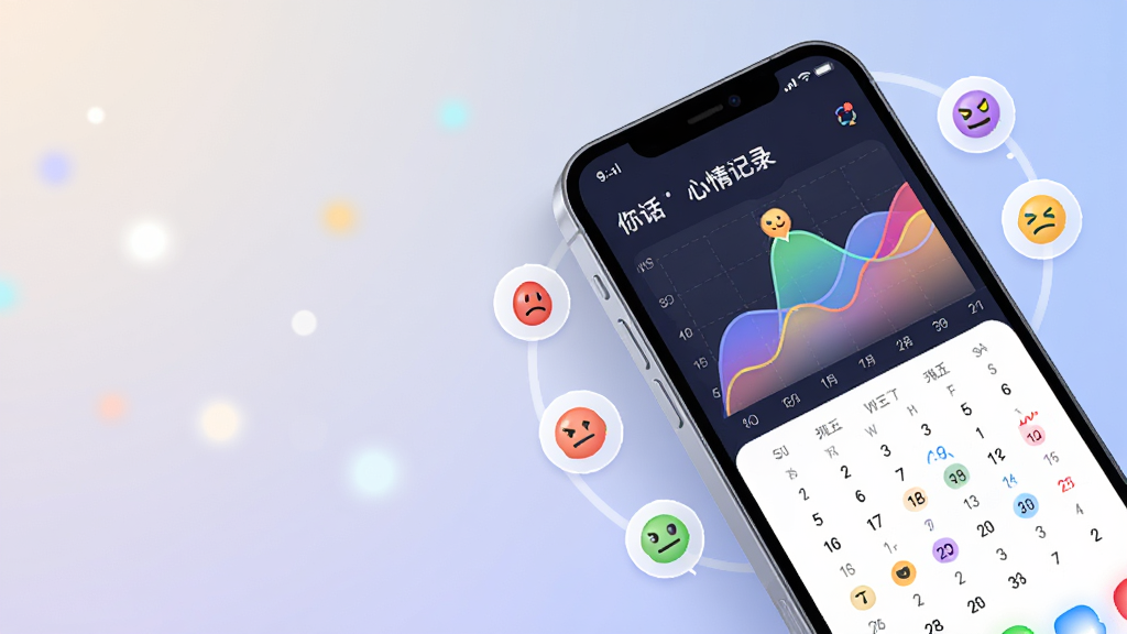 一张展示“你的话”心情记录功能的AI生图,画面主体是一个手机屏幕,屏幕上显示着色彩斑斓的心情曲线图和日历标记,周围环绕着代表不同情绪的小图标,布局采用斜角动态构图,排版将手机置于画面右侧,左侧留白处点缀柔和的光点,风格为清新现代的数字插画,细节包括平滑的曲线、柔和的渐变和精致的图标设计,画质高清,画面干净,无多余元素