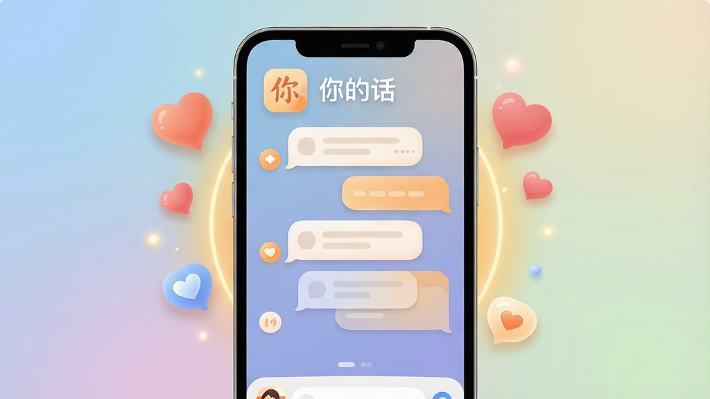 一张展示“你的话”软件核心界面的手机应用截图,画面中央是柔和的聊天对话框,周围点缀着温暖的光晕和飘浮的心形气泡,背景是淡雅的渐变色调,主体突出手机屏幕上的“你的话”应用图标和温馨对话场景,布局采用中心对称构图,排版简洁清晰,风格为现代扁平化插画风格,细节包括柔和的阴影、圆润的边角和细腻的纹理,画质高清,画面干净,无多余元素