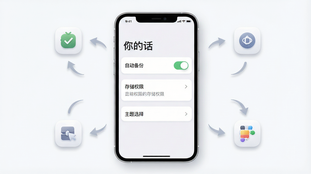 一张展示“你的话”新手设置界面的AI生图,画面主体是手机屏幕上的设置菜单,包含“自动备份”开关、“存储权限”选项和“主题选择”入口,布局采用俯视角度,排版将手机置于画面中央,周围环绕着简洁的图标和引导箭头,风格为清爽的扁平化UI插画,细节包括柔和的阴影、清晰的文字标签和细腻的图标质感,画质高清,画面干净,无多余元素