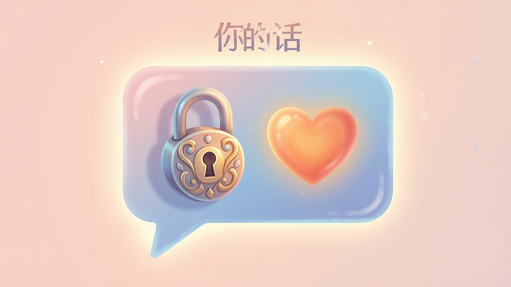 一幅描绘“你的话”私密倾诉空间的AI生图,画面主体是一个被柔和光晕包围的加密对话框,对话框内有一把精致的锁和一颗温暖的心,布局采用居中构图,排版将核心元素置于视觉中心,风格为温馨治愈系数字插画,细节包括细腻的光影过渡、柔和的粉蓝色调和微妙的纹理质感,画质高清,画面干净,无多余元素