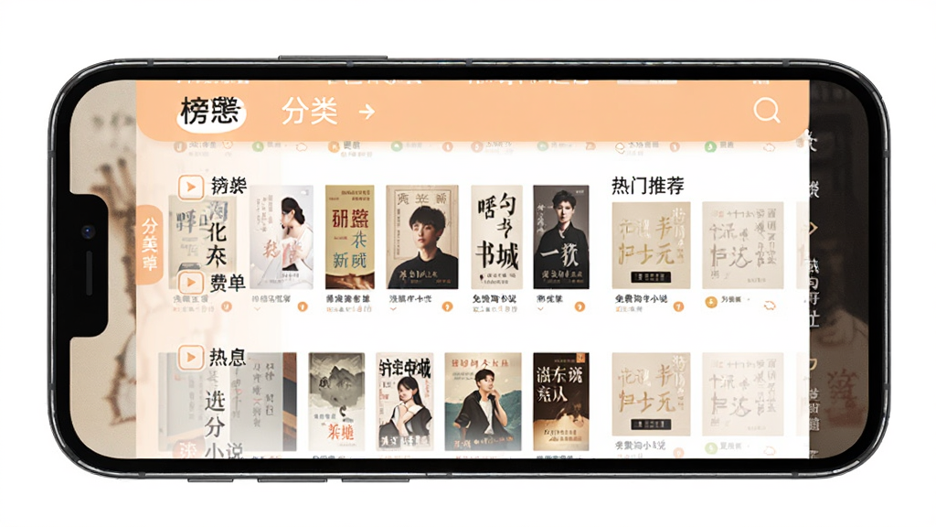 免费淘小说书城页面,画面中央展示手机屏幕,屏幕内呈现分类书单与热门推荐位,书封排列整齐,配色为浅橙与白色,风格为现代移动应用界面设计,细节包含榜单标签与更新字样,画质高清,画面干净,无多余元素