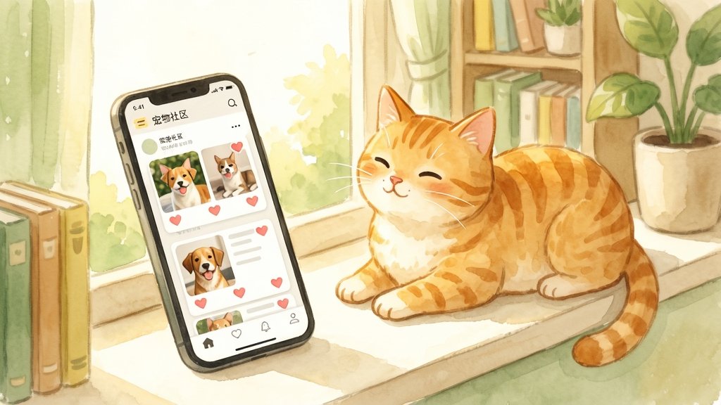 一只橘猫趴在窗台上晒太阳,旁边放着一部手机,手机屏幕显示着宠物社区动态列表,动态卡片上有猫狗照片和点赞爱心图标。背景是温馨的家居环境,有书架和绿植。风格为柔和治愈系水彩插画,色彩以暖黄、浅绿和米色为主。画面干净,布局简洁,突出手机界面与宠物的互动感。画质细腻,无多余元素。