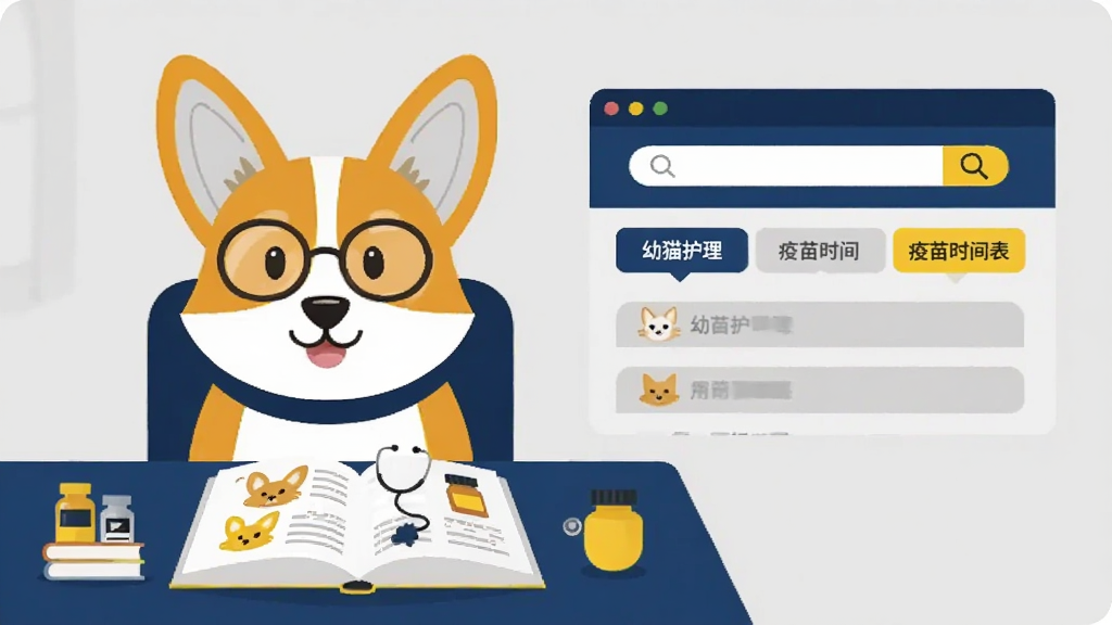 画面左侧是一只戴着眼镜的卡通柯基犬坐在书桌前,桌上摊开一本宠物护理书,右侧悬浮着知识库界面,界面中有搜索框和分类标签如“幼猫护理”“疫苗时间表”。整体为扁平化矢量风格,色调为深蓝、浅灰和明黄。细节包括书本、听诊器、药瓶等小图标,排版清晰,画质干净,无杂乱背景。