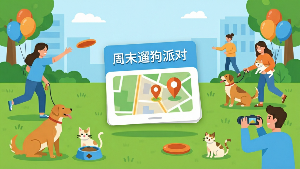 城市公园草坪上,多位宠物主人带着各自的狗狗和猫咪聚会,有人抛飞盘,有人拍照。画面中央悬浮着同城活动卡片,卡片上显示活动名称“周末遛狗派对”和地图定位图标。风格为清新明亮的扁平插画,色调以草绿、天蓝和暖橙为主。细节有气球、宠物水碗、飞盘,画面整洁,无多余元素,画质清晰。