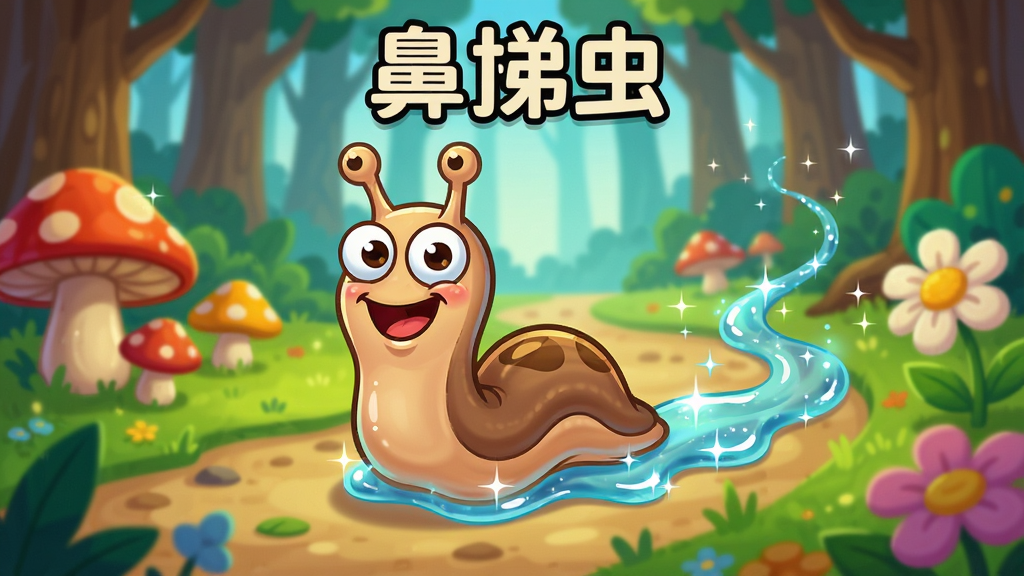 卡通鼻涕虫角色在屏幕上蠕动前进,身后留下亮晶晶的黏液轨迹,背景是色彩缤纷的森林小径,前方有蘑菇和花朵,角色表情开心,画面风格为卡通休闲,主体突出,排版居中,高清画质,干净无多余元素,画面中带有“鼻涕虫”文字标题