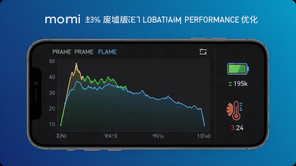 一幅展示momi版废墟图书馆性能优化效果的画面,画面中手机屏幕显示游戏运行流畅的帧率曲线图,旁边有电池与温度图标,背景为科技感蓝色渐变,风格为数据可视化图表风格,细节清晰,画质干净,无多余元素