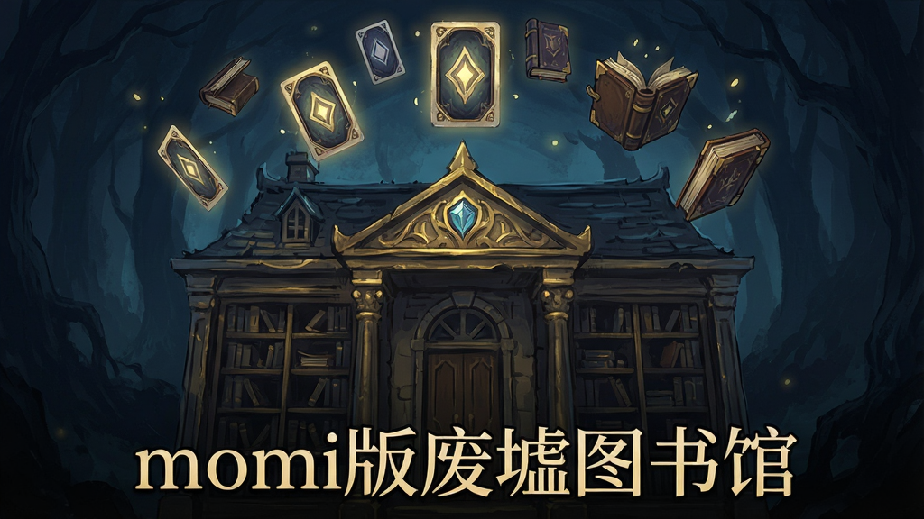 一张展示momi版废墟图书馆游戏主界面的画面,画面中央是带有复古图书馆风格的建筑外观,建筑上方漂浮着发光的卡牌与书籍,整体色调以暗金与深蓝为主,画面下方有“momi版废墟图书馆”字样,风格为奇幻手绘插画,细节丰富,画质清晰,干净无多余元素