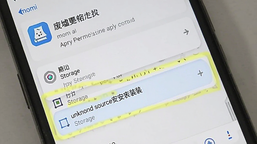 一张展示momi版废墟图书馆安装权限设置界面的画面,画面中手机屏幕显示应用权限管理页面,存储与未知来源安装选项被高亮标注,背景为简洁的浅色系统界面,风格为UI截图风格,细节清晰,画质干净,无多余元素