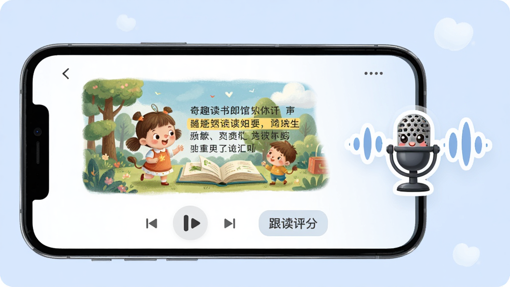 奇趣读书馆APP中有声朗读功能的界面截图,画面中央是一部智能手机,屏幕内展示有声朗读页面,包含正在朗读的绘本插图、文字高亮显示、播放控制按钮和跟读评分区域,手机旁边有一个卡通麦克风图标和声波图形,背景为柔和的淡蓝色,整体风格简洁明快,画质清晰干净,无多余元素