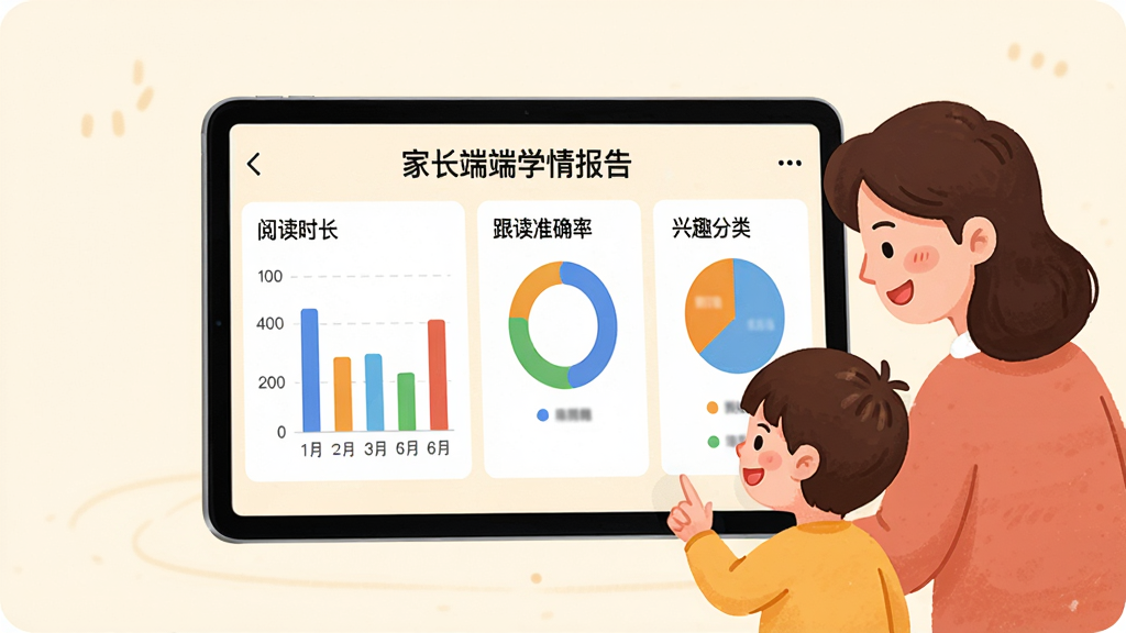 奇趣读书馆家长端学情报告界面预览图,画面中央是一部横屏平板电脑,屏幕内展示彩色图表和数据分析面板,包含阅读时长柱状图、跟读准确率环形图、兴趣分类饼图,平板旁边有卡通家长和孩子一起看屏幕的插画,背景为温暖的米白色,整体风格专业且温馨,画质清晰干净,无多余元素