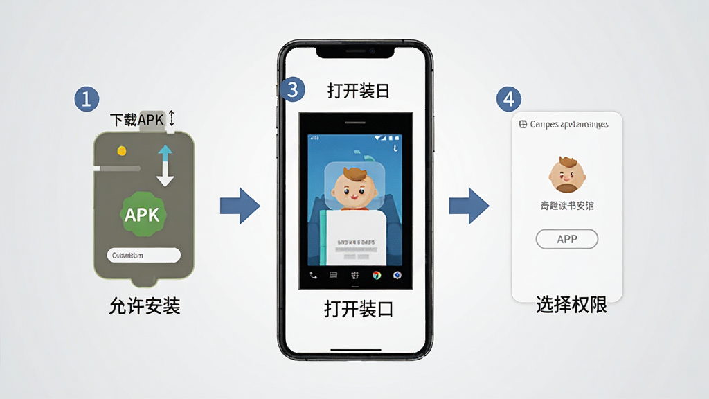 奇趣读书馆APP在安卓手机上安装使用的步骤示意图,画面中央是一部竖屏手机,屏幕内分步骤展示下载APK、允许安装、打开APP、选择权限四个画面,每个步骤配有数字序号和简短文字说明,手机周围有箭头指示流程方向,背景为浅灰色渐变,整体风格简洁直观,画质清晰干净,无多余元素