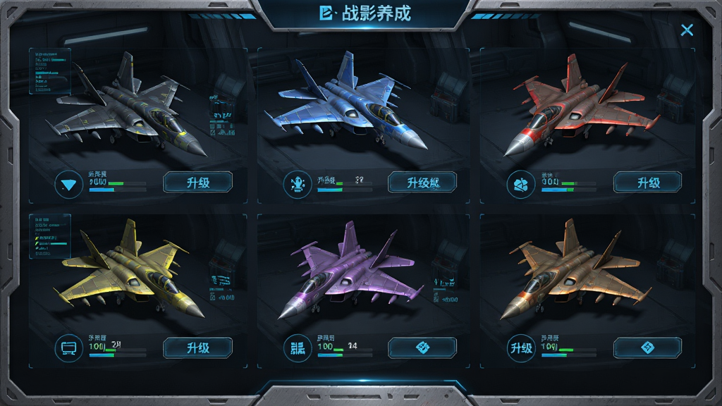 暗影战斗机 战机养成界面预览图,画面展示多架不同颜色的战斗机排列在机库中,每架战机旁边有属性条与升级按钮,布局为横屏机库界面,风格为科幻UI设计,细节包含金属质感边框、蓝色数据光效、战机模型细节,画质高清,干净,无多余元素