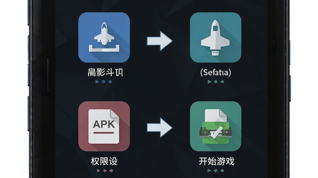 暗影战斗机 手机安装步骤示意图,画面展示一部安卓手机屏幕,屏幕上依次排列下载、安装、权限设置、开始游戏四个步骤图标,布局为竖屏教程图,风格为扁平化科技风,细节包含手机边框、步骤箭头、APK文件图标,画质高清,干净,无多余元素